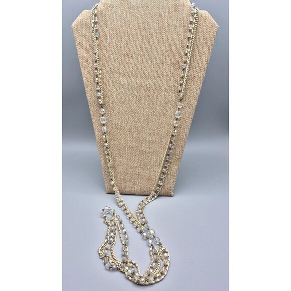 Multi Strand Necklace Clear AB Wash Beads Gold Tone Curb Chain & Snail Chain 55" - Picture 4 of 7